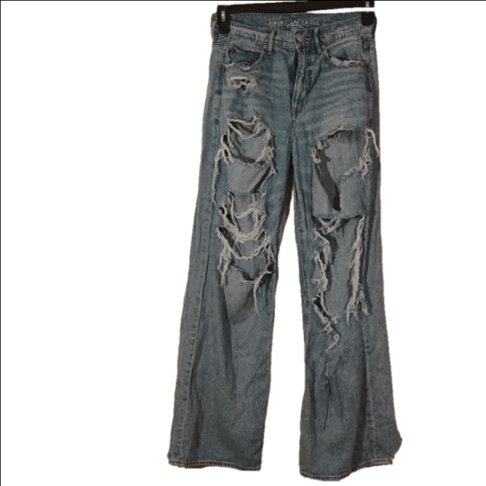 American Eagle Outfitters  Flare Wide Leg Jeans, Super Hand Distressed. Size 4.